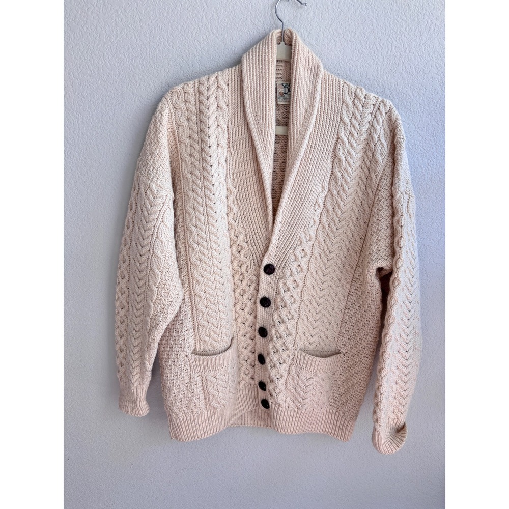 Vintage 70s 80s Carraig Donn Aran Cardigan Sweater Mens Cream Irish Wool Shawl